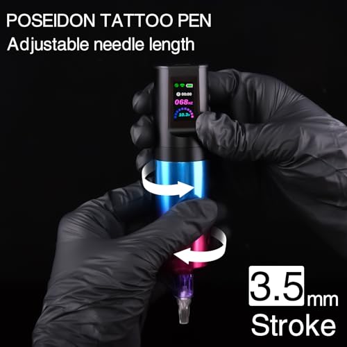 Tattoo kit POSEIDON, Tattoo Pen Kit with 20 PCS Tattoo Cartridge Machine, Tattoo Pen with 1800mAh Capacity Wireless Power, Tattoo Gun kit with Japan Coreless Motor Digital Display for Tattoo Equipment