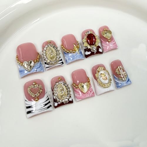 10 Pcs Duck Press on Nails Medium Fake Nails Sea Waves Pink French Tip Handmade False Nails with Glue, with 3D Golden Heart Design Artificial Acrylic Stick on Nails for Women£¨M£©
