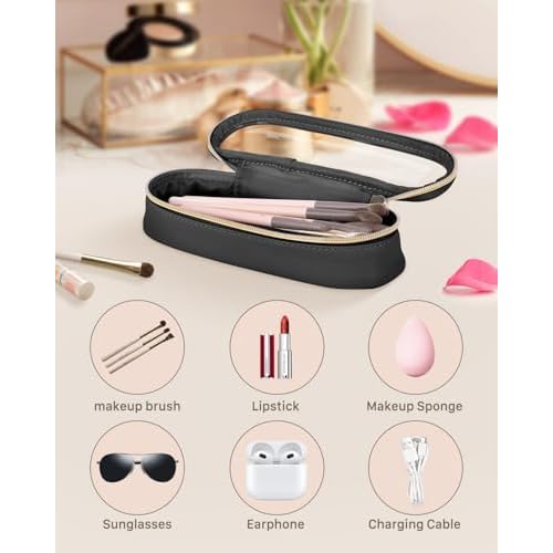 Clear Travel Makeup Brush Holder, Leather Makeup Brush Toiletry Bag, Portable Cosmetic Brush Case, Transparent Waterproof Makeup Brush Storage Bag, Black