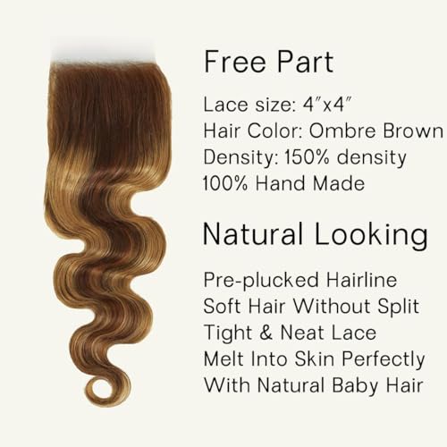 Vallbest Ombre Human Hair Bundles with Closure 20 22 24 +18 Inch Highlight Blonde Bundles Human Hair 4/27 Brown Body Wave with 4x4 Closure 12A Brazilian Virgin Remy Weave Raw Hair Extensions