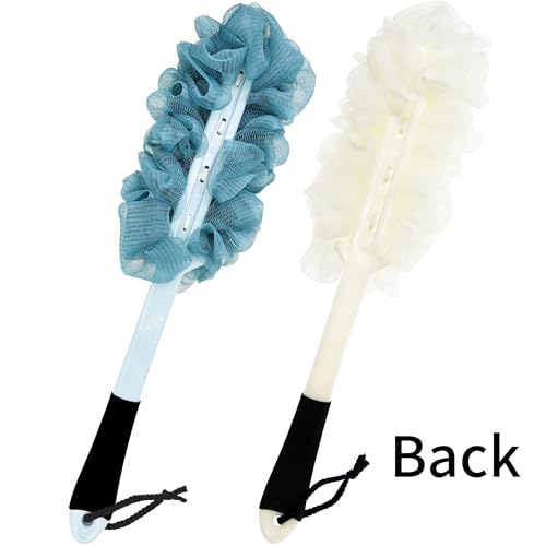 2Pack Back Scrubber for Shower, Loofah with Handle, Back Loofah Non-Slip Handle, Bath Body Brush, Scrub Cleaning Brush for Shower, Soft Mesh Sponge On a Stick for Men Women Elderly (Blue and White)