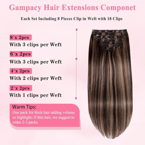 Clip in Hair Extensions Real Human Hair, Seamless Clip ins Real Human Hair for Women, Remy Human Hair Clip in Extensions, Double Weft 8pcs 24 inch Balayage Dark Brown to Chestnut Brown