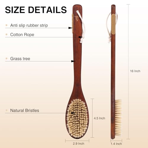 Wooden Bath Brush with Stiff Sisal Bristles Long Handle for Shower Back Scrubber Body Exfoliator, with Hook for Hanging (Stiff Sisal Hair)