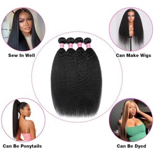 Borchan Kinky Straight Bundles 20 22 24 26 Inches 100% Unprocessed Brazilian Virgin Hair Weft Yaki Straight Human Hair Bundles Sew in Human Hair Weave Natural Black for Women