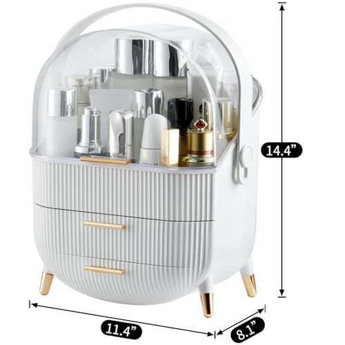 CANITORON Makeup Organizer,Skincare Organizer with 2 Drawers and Transparent Cover,Cosmetic Display Case for Vanity Organizer and Bathroom Countertop Storage.(White)