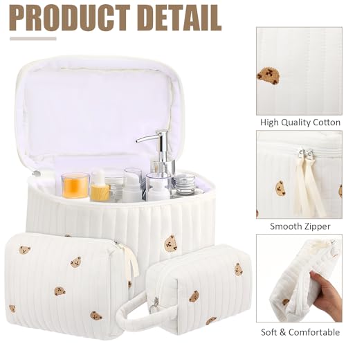 Paterr 3 Pieces Cotton Quilted Makeup Bag Set Coquette Cosmetic Bag Aesthetic Travel Toiletry pouch Cute Pouch Kawaii Aesthetic for Women(White,Little Bear)