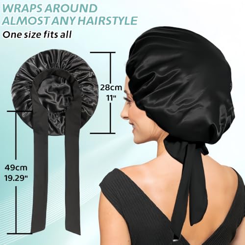 Silk Bonnet for Sleeping Women, Ajustable Hair Bonnet for Curly Hair with Tie Band Shower Caps Black£¬Large