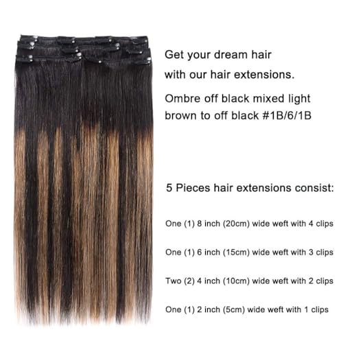 5 Pieces 22" Remy Clip in Hair Extensions Human Hair Natural Black to Chestnut Brown Highlight Ombre - Silky Straight Short Thick Real Hair Extensions for Women (22 inches, (1BT6) P1B, 110grams)