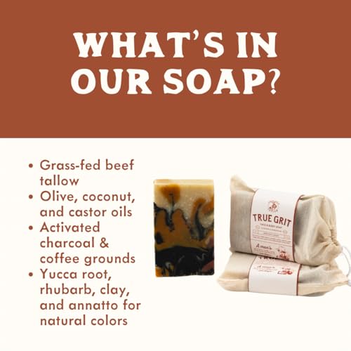 ? Beef Tallow Soap Bar 3-Pack ? John Wayne Inspired ? Cedar & Campfire Scent ? Cold Process Bar Soap with Activated Charcoal & Coffee Grounds ? 4 oz Each