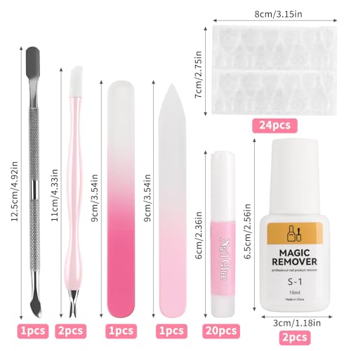 TADOPRO Nail Glue & Remover Set, 20Pcs Press on Nail Glue Strong 2Pcs 10ML Nail Glue Remover with 3 Cuticle Pusher 2 Nail File Easy to Apply Nail Tips & Acrylic Fake Nails Quick Drying Adhesive