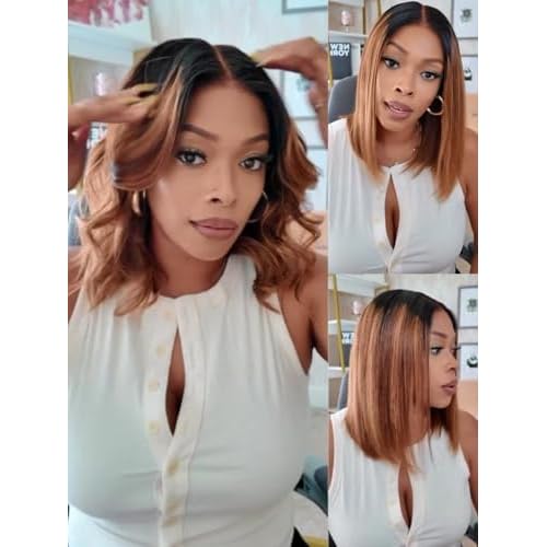 Nadula 13X4 HD Honey Brown Piano Highlight Bob Straight Drawstring Wig Human Hair - Pre Everything Glueless Ombre Bob Lace Front Wig with Ear Tape - Ready to Go Short Blunt Bob Wig 12inch