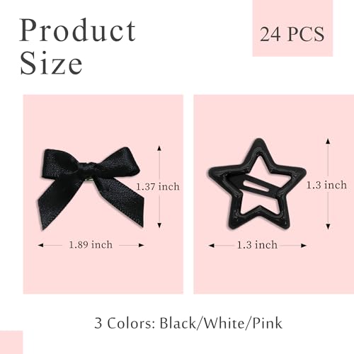 24PCS Bow Hair Clips - 3 Colors Satin Mini Hair Bow Clips Y2K Star Barrettes Bowknot Metal Snap Hair Accessories for Women Girls, Black