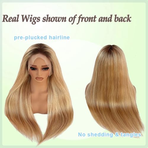 13x6 Medium brown/Golden Brown to Bleach Blonde Highlights Straight Lace front Wigs Human Hair 28in for Black Women HD Lace Glueless Pre Plucked 180% Density Brazilian Virgin Human Hair 28in