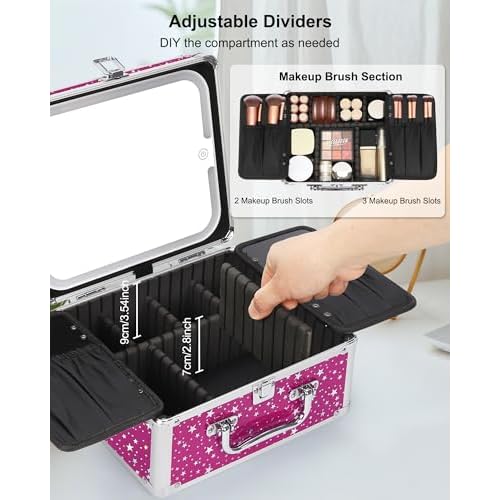 Relavel Makeup Bag with LED Mirror, Makeup Box Travel Train Case with Rechargeable Lighted Mirror, Cosmetic Brush Organizer Storage for Makeup Artists Gifts for Women and Girls, Hot Pink Shining Star