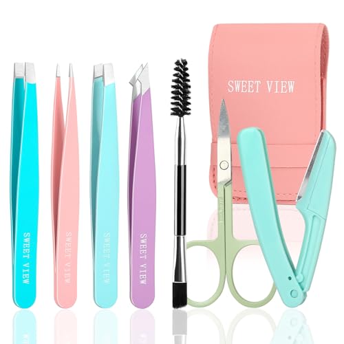 7pcs Eyebrow Tweezers Kit for Women Precision Plucker with Brow Scissors & Razor & Spoolie for Facial, Chin, Brow, Splinter and Ingrown Hair