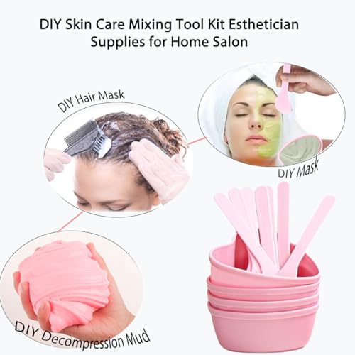 5 Pairs Pink Heart-shaped Plastic Facial Mask Mixing Bowls Set with Spatulas - DIY Skincare Mixing Tool Kit, Mud Masks, Home Salon, and Beauty Salon Use, Face Mask Applicator Tool(5Pcs)