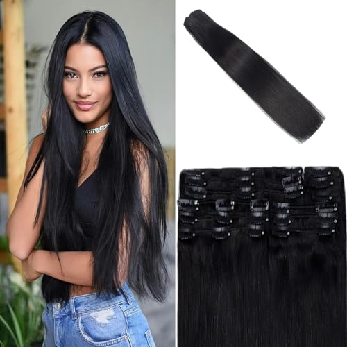 22iINCH Clip In Hair Extensions Real Human Hair, Remy Human Hair Extensions 12PCS Long Soft Natural Hair piece 14-28 Inch Straight Hair Extension for Women(180g-250g 1#(Jet Black)