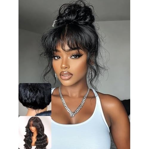 Nadula 7x5 HD Bye Bye Knots Glueless Curtain Bangs Wig with Drawstring, Pre Everything Loose Wave Wigs Human Hair Pre Cut/Plucked/Bleached Invisible Knots, Ready to Wear No Glue, 180% Density 16inch