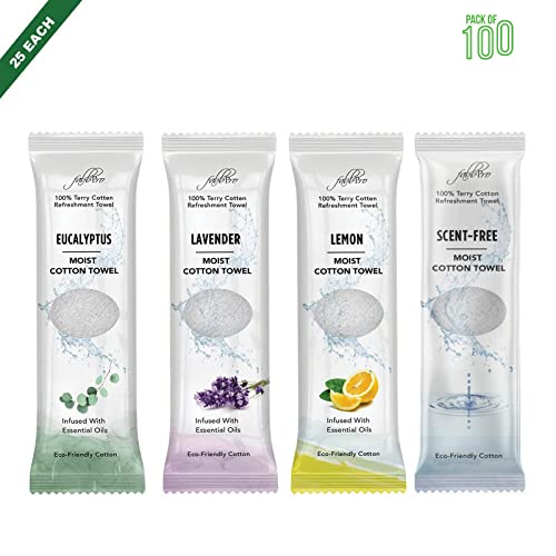 Oshibori Moist Terry Cotton Refreshment Towels (100 Pack,8x8 Inches)-White Scented Pre-moistened Essential Oil Infused Towel to Use Hot or Cold ? Unscented, Lavender, Lemon & Eucalyptus Scents