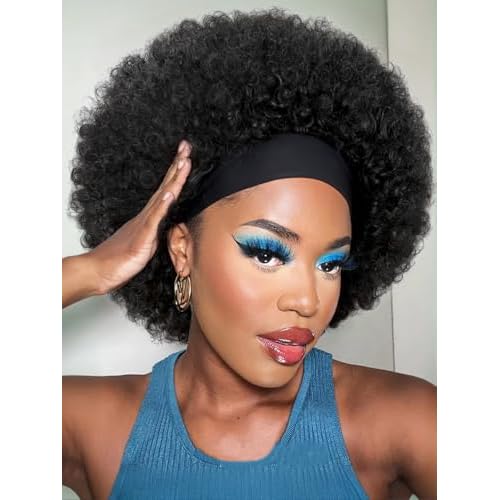 Quick Wig Afro Headband Wig Natural Black Short Afro Kinky Curly Wigs with Headbands Attached Glueless Synthetic Wear and Go for Black Women Fluffy Bouncy Afro Wigs for Daily Party