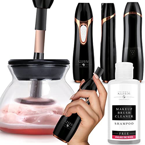 Kleem Electric Makeup Brush Cleaner Machine | Automatic Makeup Brush Washer & Spinning Dryer with Free Cleaner Shampoo | Dual-Fiber Bristles for Eyeshadow & Foundation | Made in USA | Black