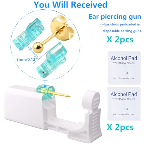 2 psc Ear Piercing Kit, Disposable ear piercing gun tool, pre-installed with gold 3mm pea earrings, at Home Self Piercing Kit (Little golden ball)