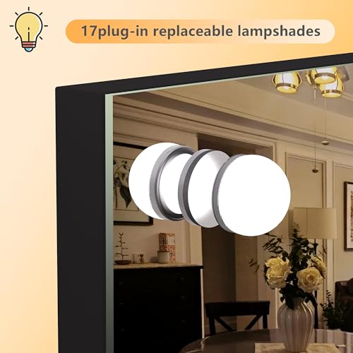 Hasipu Vanity Mirror with Lights, 32" x 24" Hollywood Mirror, Makeup Mirror with 17 Dimmable Bulbs and 10X Magnification, 3 Colors Modes, Touch Control, USB Charging Port, Type-C (Square Black)