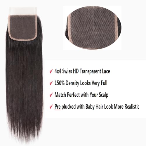 Straight Bundles Human Hair with 4X4 Lace Closure 20 22 24 with 18 Inch 100% Unprocessed Virgin Human Hair Bundles with Swiss Lace Closure Free Part Natural Color