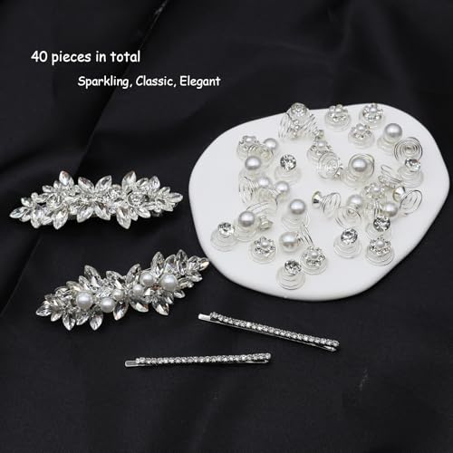 40 Pieces Rhinesetones Hair Clips, Include 4 Piece Crystal Hair Pins and 36 Pieces Spiral Hair Gems, Swirl Diamond Pearl Hairpins Flower Sparkling Hair Accessories for Wedding,brides, Party, Prom