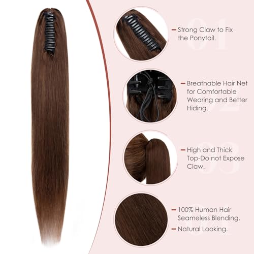Human Hair Claw Clip Ponytail, Claw Clip Human Hair Ponytail,Effortless Application with Secure Hold,Style in Seconds,Quick Styling Solutions for Busy Lives, 22"/120g Medium Brown