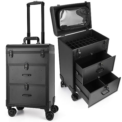 Yokilly Rolling Makeup Train Case, Professional Cosmetology Case on Wheels, Aluminum Cosmetic Trolley Travelling Cart Trunk with Swivel Wheels, Sliding Drawer & Keys for Nail Technician Stylist(Black)