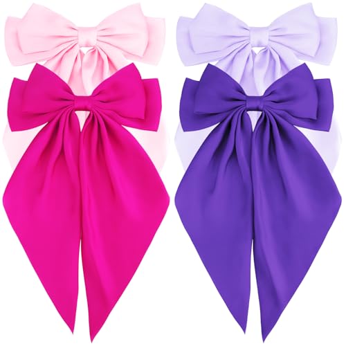 Hair Bows Silky Satin Bows for Hair Ribbons 4Pcs Coquette Oversized Long Tail Hair Bow Clips Barrettes Big Bowknot Hair Accessories for Women Girl Trendy Stuff Gifts (Pink Purple)