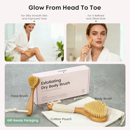 Bamboo Dry Brushing Set with Body and Face Brush, Dry Scrub Brush with Exfoliating Natural Boar Bristle for Lymphatic Drainage, Cellulite Reduction, Blood Circulation and Glowing Skin, 2 Pack