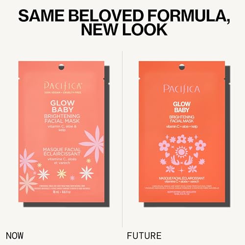 Pacifica Sheet Face Mask - 12 Pack - Glow Baby Brightening Facial Mask w/Vitamin C, Aloe & Kelp – Cooling Mask for Dark Spots & Fine Lines - Clean Beauty Vegan & Cruelty-Free Dermatologist Tested