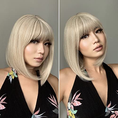 Platinum Blonde Bob Synthetic Wig for Women, Short Straight Hair with Bangs, Heat Resistant for Daily Party Use (Platinum Blonde, 12 inch)