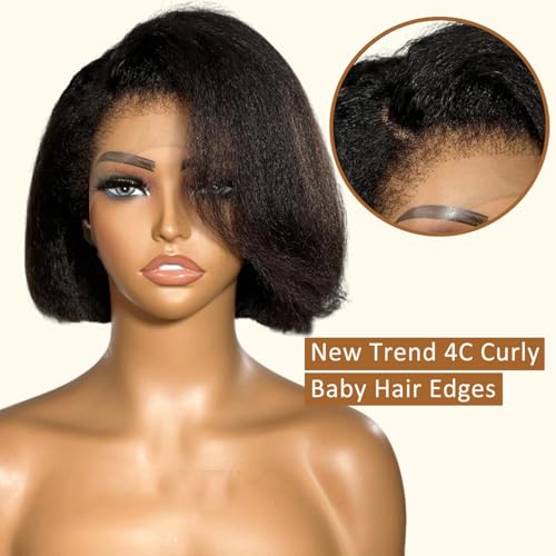 4C Edges Baby Hair Yaki Bob Wig Human Hair Glueless Side Part Short Kinky Straight Human Hair Wig Thick End UHD 13x4 Lace Front Wig Pre-Bleached Natural Color Brazilian Virgin Hair 12"