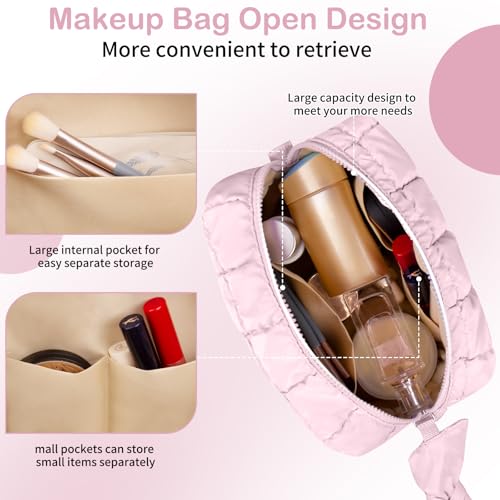 Puffy Quilted Makeup Bag, Cute Checkered Cosmetic Bags with Divider, Waterproof Travel Toiletry Bag, Make up Pouch for Women & Girls Travel Essentials (Bow, Pink, Medium)