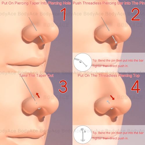 BodyAce 14G 16G 18G 20G Piercing Taper, Stainless Steel Threadless Insertion Pin Screw On Assistant Tool, Curved Body Piercing Stretching Kit for Ear/Nose/Navel/Lip/Eyebrow