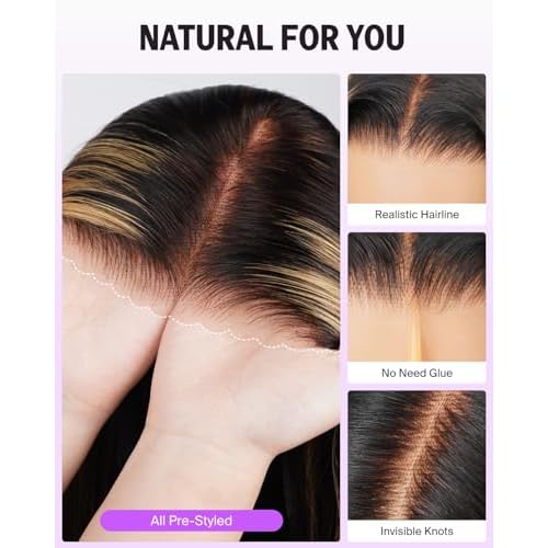 6x5 Wear and Go Glueless Wigs Human Hair Ombre Lace Front Wig Human Hair 220% Density Highlight Straight Wigs Bleached Tiny Knots FB27# 24 Inch