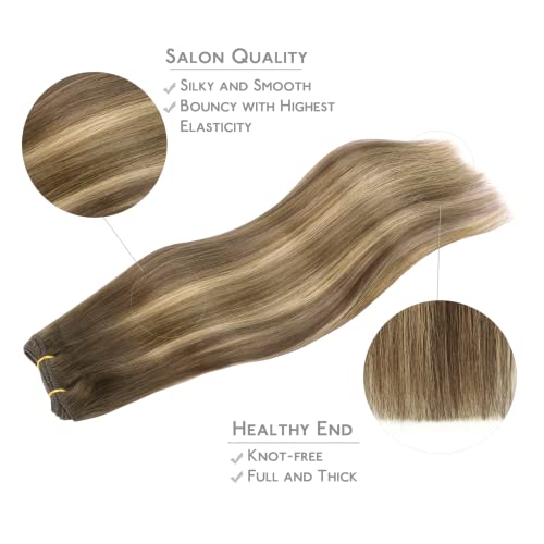 WENNALIFE Sew in Hair Extensions Real Human Hair, 24 Inch 120g Balayage Chocolate Brown to Caramel Blonde Machine Weft Hair Extensions Remy Hair Hand Tied Weft