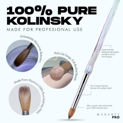 MakarttPro Kolinsky Crimped Acrylic Nail Brush for Acrylic Powder and EMA Monomer Application, Made for Professional Nail Technicians and Beginner Nail Students, Size #8