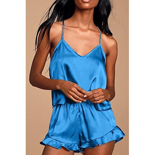 CHYRII Women's Sexy Silk Satin Ruffled Pajamas Sets Cami Shorts Sets Sleepwear
