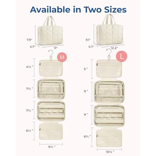 BAGSMART Travel Toiletry Bag with Jewelry Organizer, Hanging Travel Bag for Toiletries, Puffy Makeup Cosmetic Bag Organizer, Carry-on Travel Accessories Essentials, Beige-M