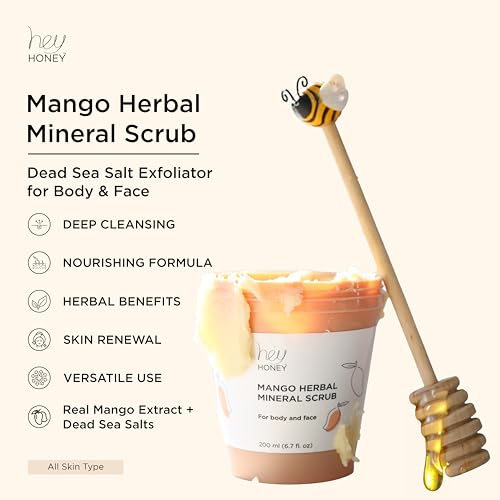 Hey Honey Skincare Mango Herbal Mineral Scrub Dead Sea Salt Exfoliator for Body & Face | Gently Buffs, Smooths & Hydrates Skin | Cruelty-Free, Paraben-Free, Vegetarian | 6.7 oz
