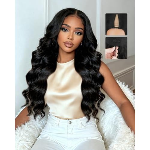 V Part Wigs Human Hair 250% Density Body Wave Upgrade U Part Human Hair Wigs with Drawstring No Leave Out No Sew Glueless Clip In Half Wig for Women (Natural Black, 22 Inch)