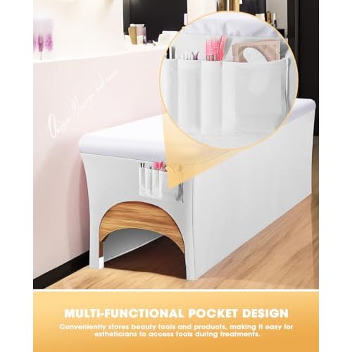 Onism Lash Bed Cover-Wipeable PU Leather Massage Bed Cover, Waterproof Soft and Comfortable Spa Bed Cover with Storage Pocket for Eyelash Extension Bed Massage Bed Perfect for Salon Spa Home Use White
