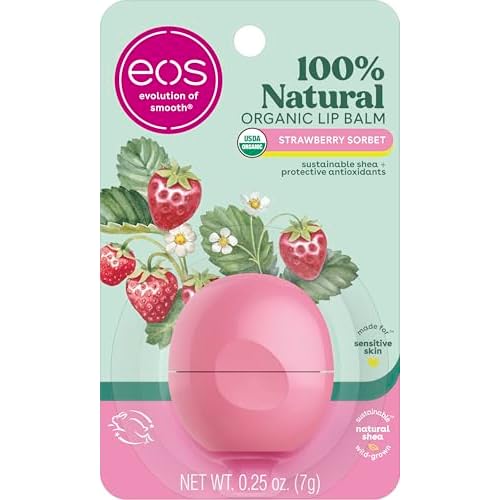 eos 100% Natural & Organic Lip Balm- Strawberry Sorbet, All-Day Moisture, Dermatologist Recommended for Sensitive Skin, Lip Care Products, 0.25 oz