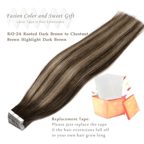 Lacer Hair Extension Tape In Extensions Human Hair Invisible Skin Weft Hair Extensions Dark Brown To Chestnut Brown Highlight Color Hair Extensions Tape In Real Human Hair Silky Straight 100G 24inch