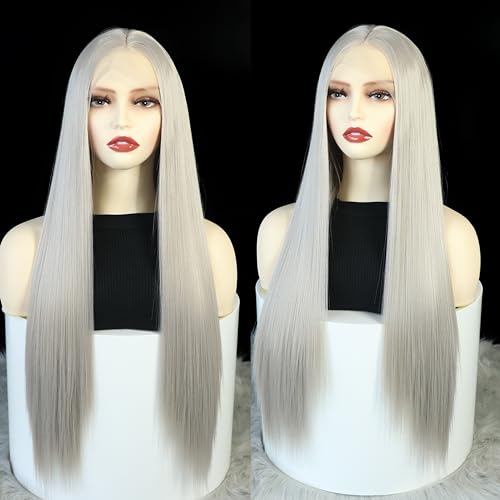 Synthetic Lace Front Wigs For Women Silver Grey Free Part Long Straight Glueless Heat Resistant Fiber Hair Cosplay Party Wigs