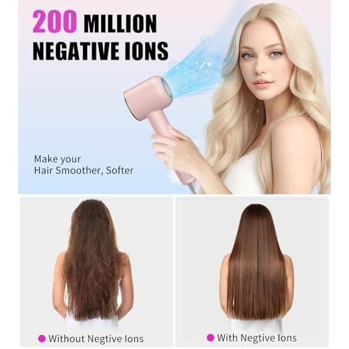 Hair Dryer, 110000 RPM Intelligent High-Speed Blow Dryer - 200 Millions Negative Ionic, Double-Layer Heating Wire for Fast Drying, Low Noise Thermo-Control Hair Dryer with Magnetic Nozzle (Pink)